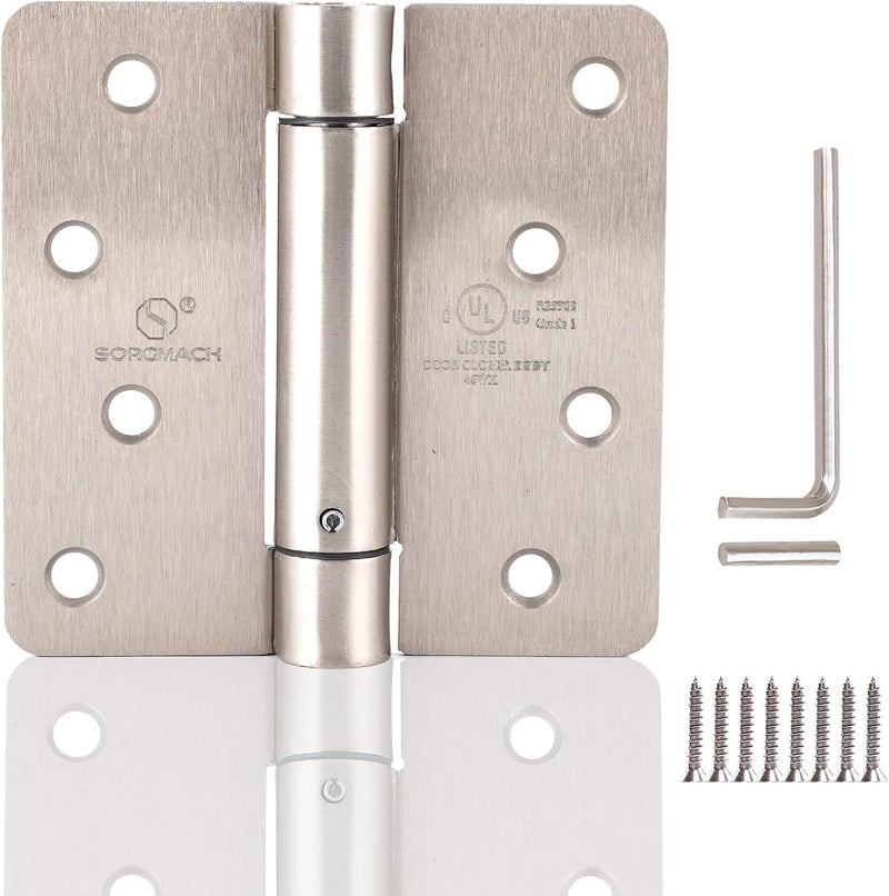 SORGMACH 3 Pieces Self Closing Door Hinge 4 inch Satin Nickel Auto Close Hinges Adjustable 4" x 4" Spring Hinges Door Closer Hinge 1/4" Radius Corner Commercial Auto Self-Closing Hinge - Image 1